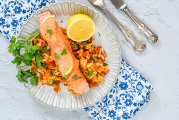 Baked salmon with chorizo rice