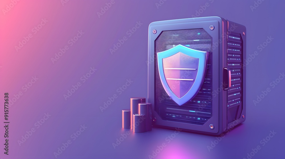 Poster futuristic data security concept with cyber shield icon and server on gradient pink and purple backg