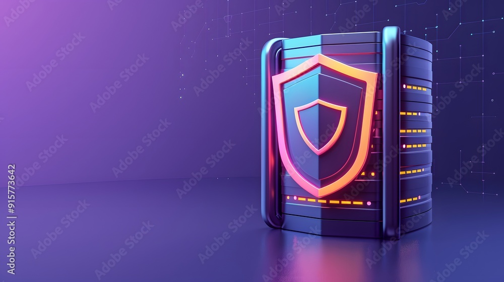 Poster futuristic data security concept with glowing shield on server background, depicting protection in a