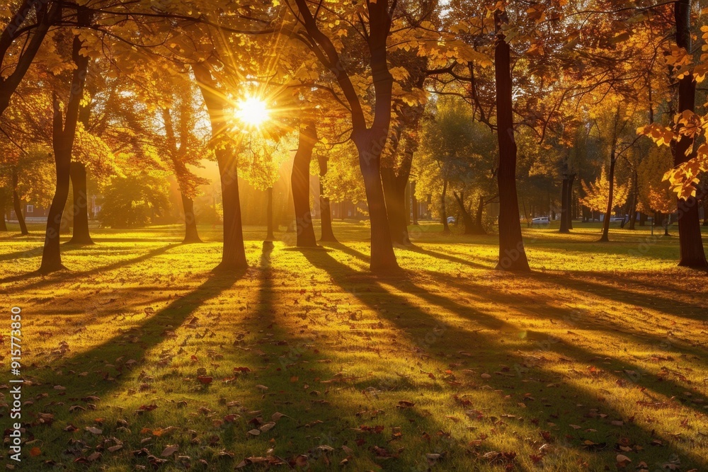 Poster a serene autumn landscape with golden sunlight filtering through trees, casting long shadows on the 
