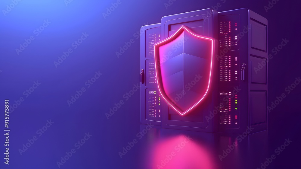 Poster futuristic data server with a glowing shield symbol, representing cybersecurity, data protection, an