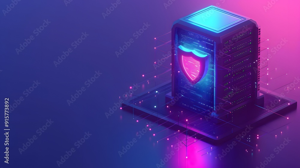 Poster futuristic data server with cybersecurity shield, glowing in neon colors representing data protectio