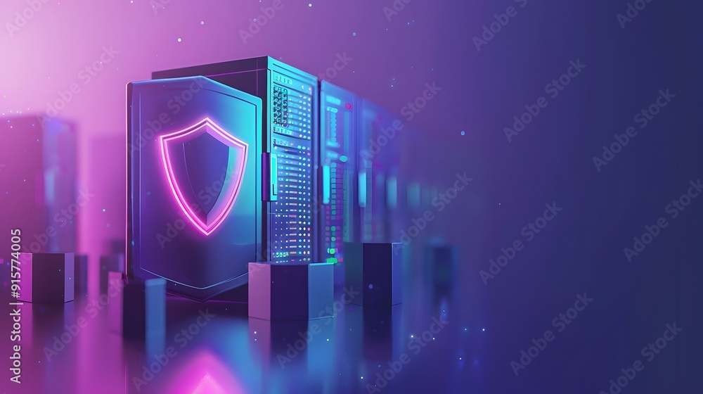 Aufkleber futuristic data server with neon shield icon representing cybersecurity and data protection in a pur