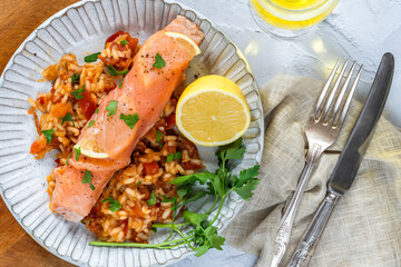 Baked salmon with chorizo rice