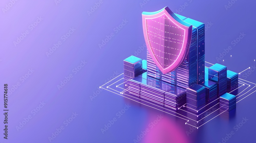 Poster futuristic digital security concept with a glowing shield icon protecting a data center on a blue an