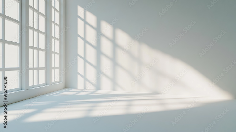 Poster sunlight streaming through a window casting shadows on a white wall and floor