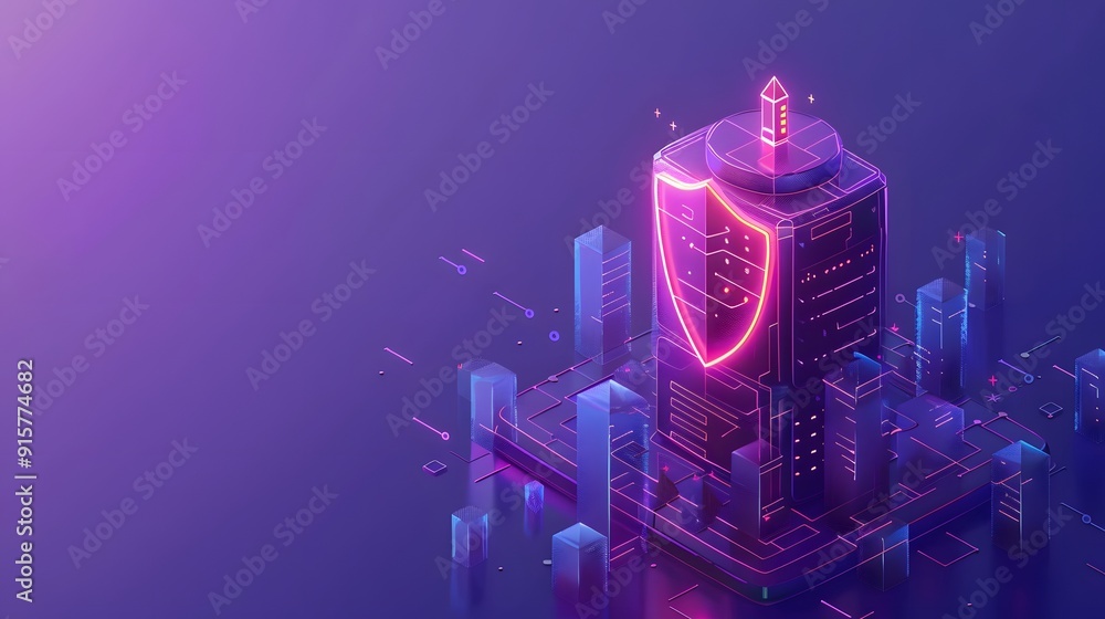 Poster futuristic digital security concept with a neon shield icon on a high-tech cityscape background, rep