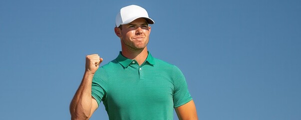 A golfer fist-pumping after sinking a crucial putt, with the leaderboard showing their name at the top, embodying victory and dominance in sports