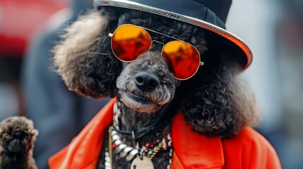 A poodle wearing sunglasses and a hat