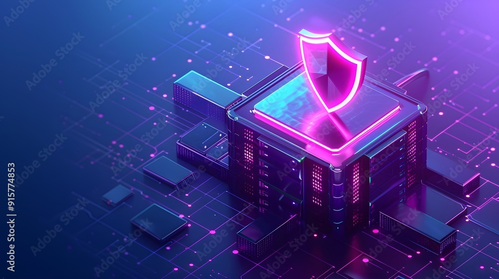 Poster futuristic digital security concept with glowing shield protecting data servers, highlighting cybers