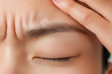 A macro shot of a furrowed brow and closed eyes, with a hand massaging the temples, representing the throbbing pain of a migraine