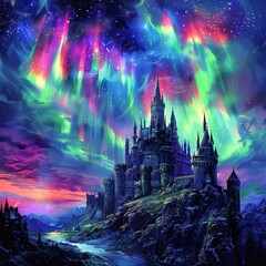 Enchanting view of a castle under the Northern Lights, combining historical grandeur with the magical beauty of the night sky. Perfect for themes of fantasy, history, and majestic landscapes