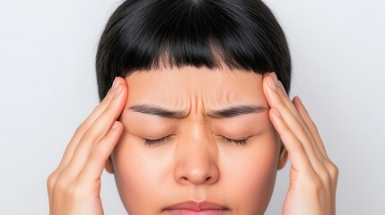 Fototapeta premium A macro shot of a person rubbing their temples with closed eyes, capturing the throbbing ache of stress-induced headache