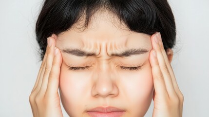 Fototapeta premium A macro shot of a person rubbing their temples with closed eyes, capturing the throbbing ache of stress-induced headache