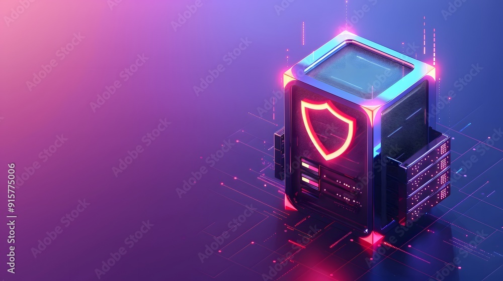 Aufkleber futuristic digital security concept with neon shield icon on computer server, representing advanced 