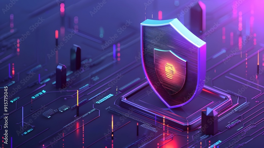 Poster futuristic digital security concept with shield icon on circuit board. representing online protectio