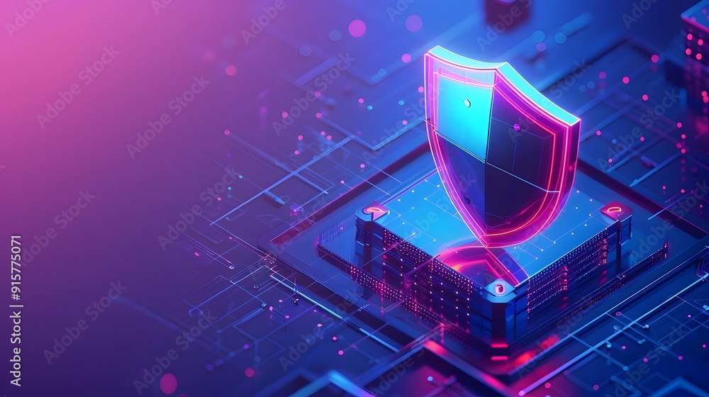 Poster futuristic digital security concept with shield icon over a computer circuit board, representing dat