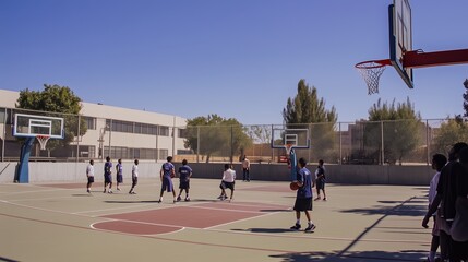 Obraz premium Young athletes engage in a spirited basketball game on an outdoor court in bright sunlight