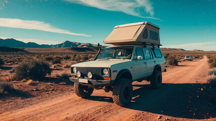 Obraz premium Off-road vehicle parked along dusty trail under clear blue sky. Off road camping