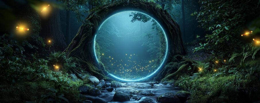 A magical forest clearing with a bubbling stream, glowing fireflies, and a mysterious portal
