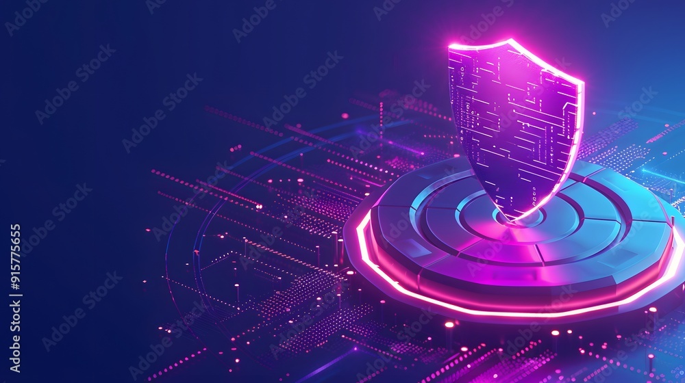 Poster futuristic digital security shield with neon lights representing data protection and cybersecurity i