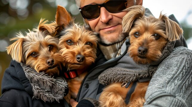 A man is holding three small dogs, one of which is wearing a scarf