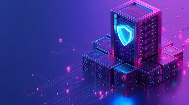 Futuristic digital server array with glowing security shield. Concept of cybersecurity, data protection, and advanced computing technology.