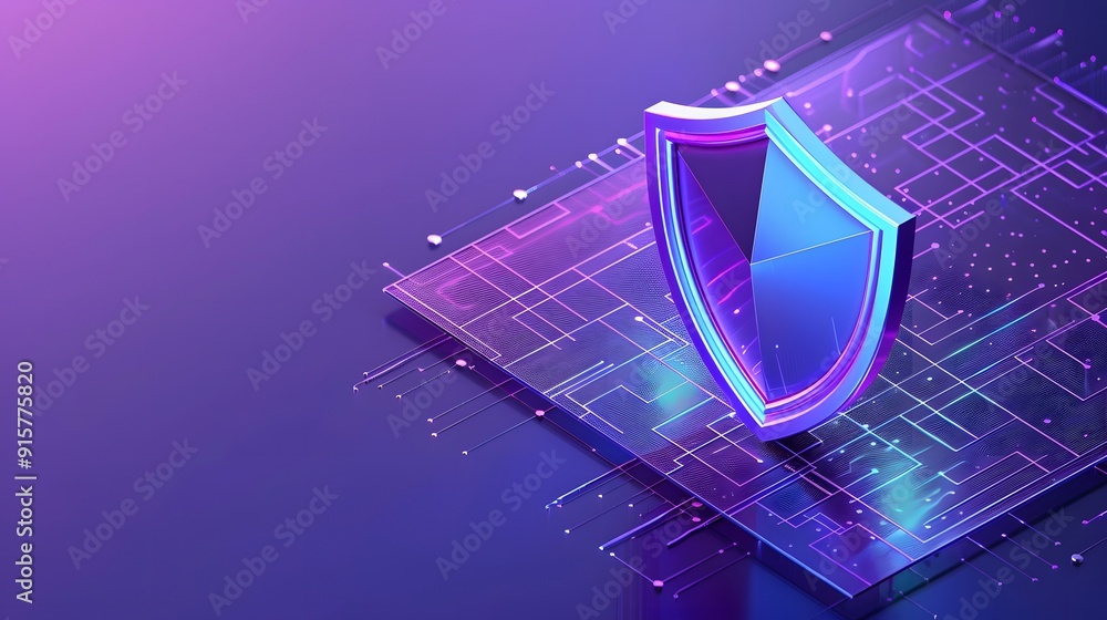 Poster futuristic digital shield for data protection and cybersecurity on a neon-lit circuit board, symboli