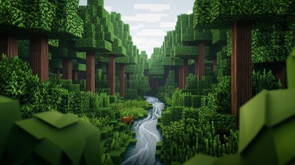 A dense forest filled with tall, pixelated trees, a flowing river, and hidden woodland creatures