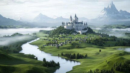 A fantasy kingdom with a grand castle, rolling hills, and tiny villages dotting the landscape