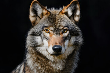 Portrait of adult wolf on black background
