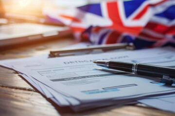 UK visa concept: passport with visa stamp, application forms, and British symbols.