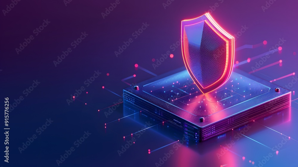 Poster futuristic digital shield illustrating cybersecurity concepts with neon hues on a circuit board plat