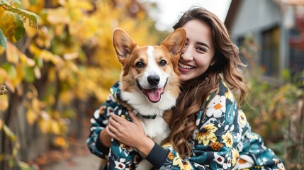 A woman is petting a dog wearing a yellow jacket