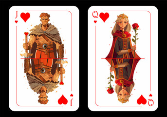 Queen of Hearts and Jack of Hearts, original playing card design on black background. Vector illustration
