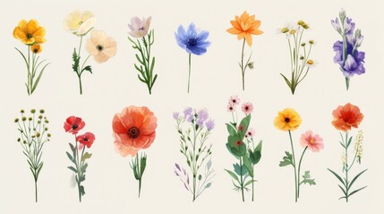 Obraz premium Set of various watercolor flowers