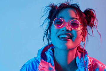 Obraz premium A woman with purple glasses is smiling and looking at the camera, generative ai.