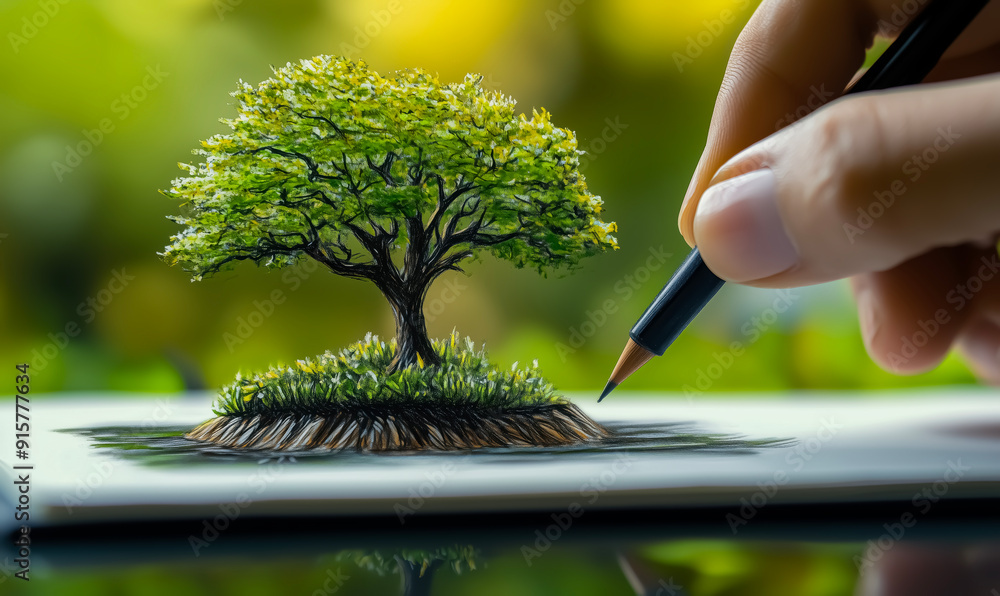 Poster a hand is drawing a tree on a piece of paper. the tree is surrounded by grass and he is on a small i