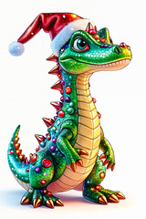 Fototapeta premium A whimsical, festive crocodile wearing a Santa hat with red and white stripes and a jingle bell on top.