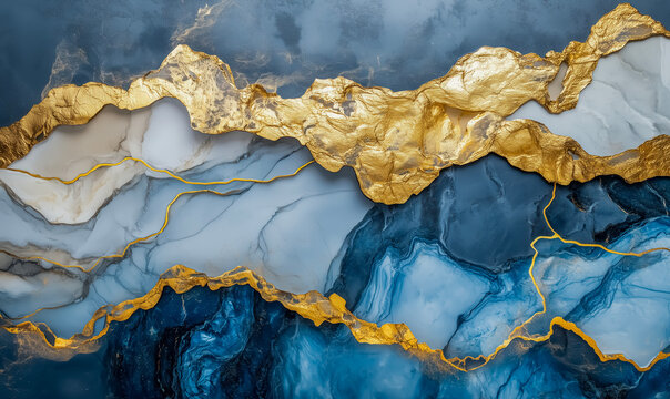 A painting of a mountain range with blue and gold colors. The gold color is used to emphasize the rocks and the blue color is used to emphasize the sky. The painting has a serene and peaceful mood