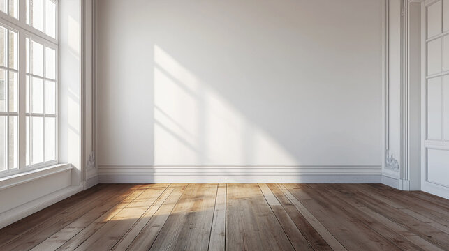 empty room with window white walls sunlight shadows wood planks floor