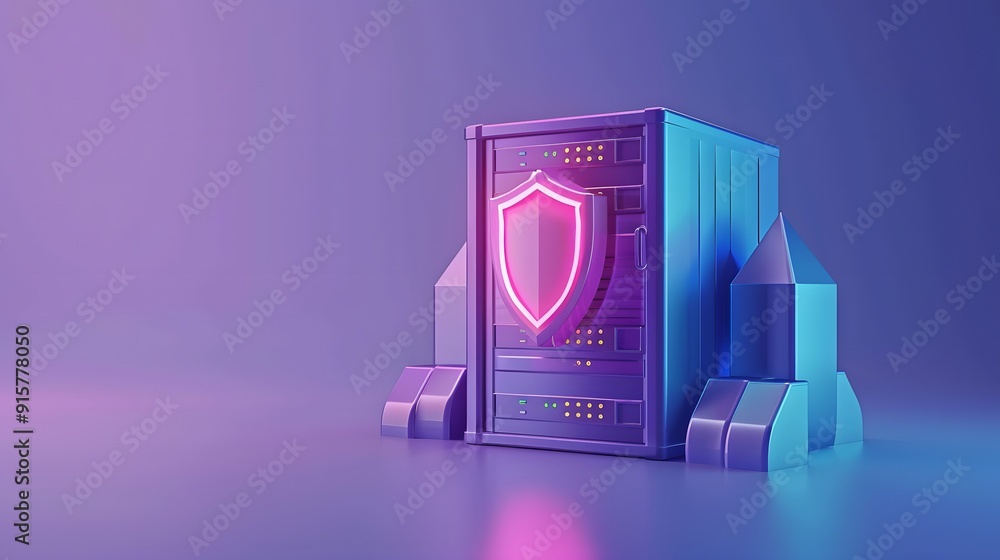Poster futuristic neon-lit server with a glowing shield icon, representing cybersecurity and data protectio