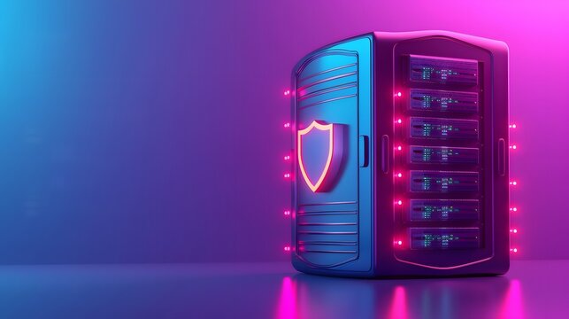Futuristic secure server with neon lights and shield emblem, representing data protection and cybersecurity in a modern technology environment.