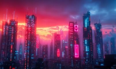 A cityscape with neon lights and a red sky. Scene is vibrant and energetic