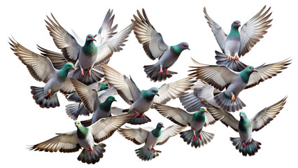 Group of pigeons mid-flight, isolated, png transparent background
