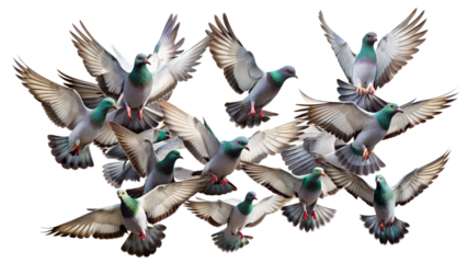 Group of pigeons mid-flight, isolated, png transparent background