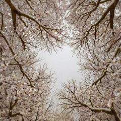 Obraz premium cherry blossom treetree, winter, nature, sky, snow, forest, trees, branch, cold, branches, blue, frost, season, landscape, ice, white, frozen, spring, wood, woods, park, snowy, plant, natural, beautif