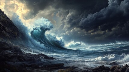 Fototapeta premium Massive ocean wave crashing against a rocky coastline under dark dramatic storm clouds during a tempest.