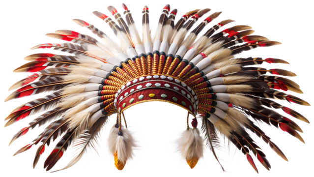 Colorful native american headdress with feathers, png transparent background