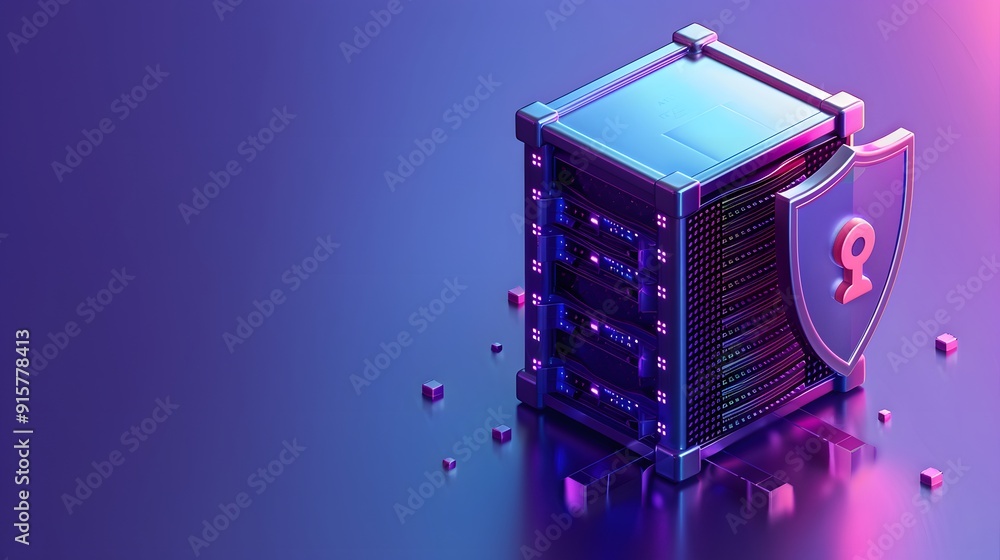 Poster futuristic server rack with a security shield, representing data protection and cybersecurity in a m